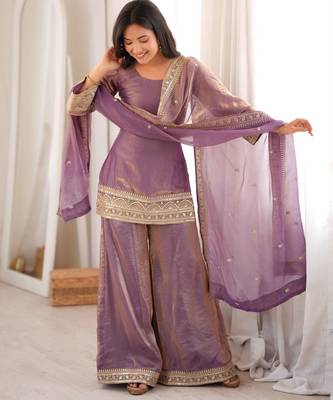Cream fendy silk blend kurta palazzo set with dupatta 2