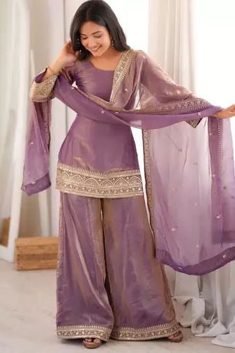 Cream fendy silk blend kurta palazzo set with dupatta