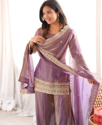 Cream fendy silk blend kurta palazzo set with dupatta 3