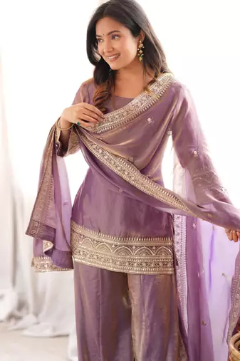 Cream fendy silk blend kurta palazzo set with dupatta