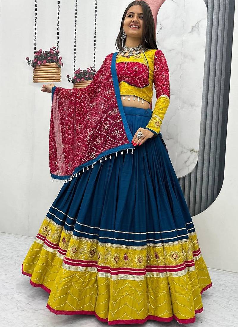 Teal Rayon Cotton Navratri Lehenga Choli