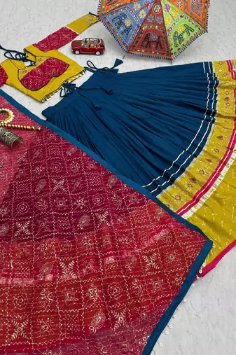Teal Rayon Cotton Navratri Lehenga Choli