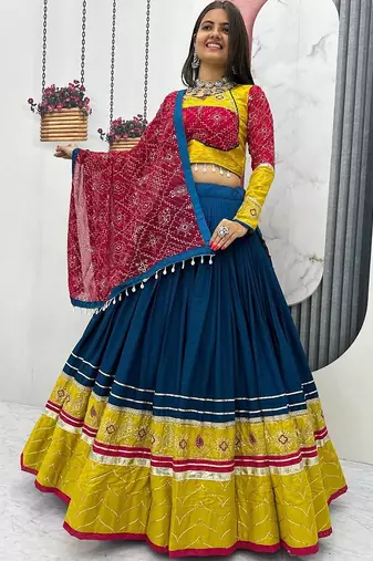 Teal Rayon Cotton Navratri Lehenga Choli