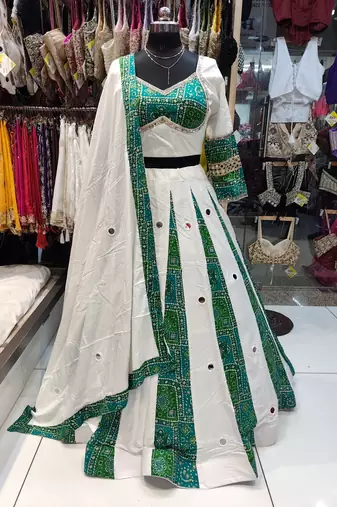 Green Navratri Rayon Mirror Work Chaniya Choli with Dupatta