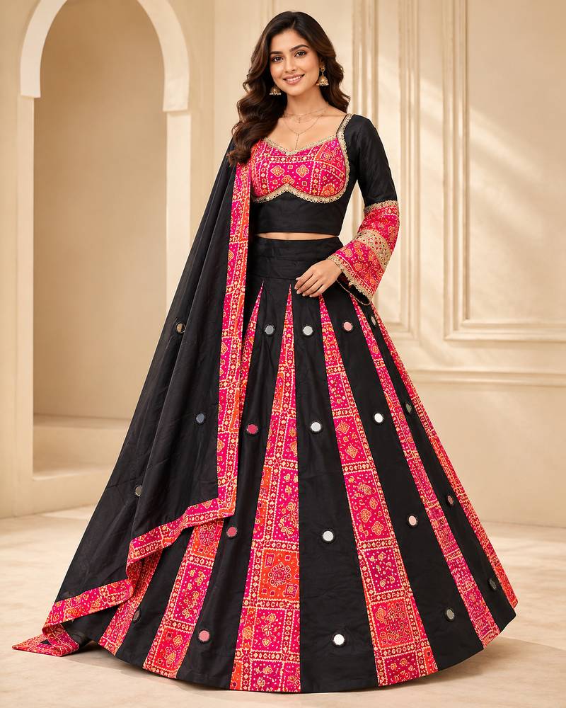 Rani Pink Navratri Rayon Mirror Work Chaniya Choli with Dupatta