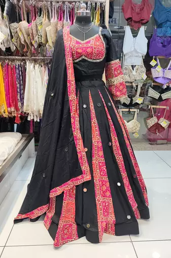 Rani Pink Navratri Rayon Mirror Work Chaniya Choli with Dupatta