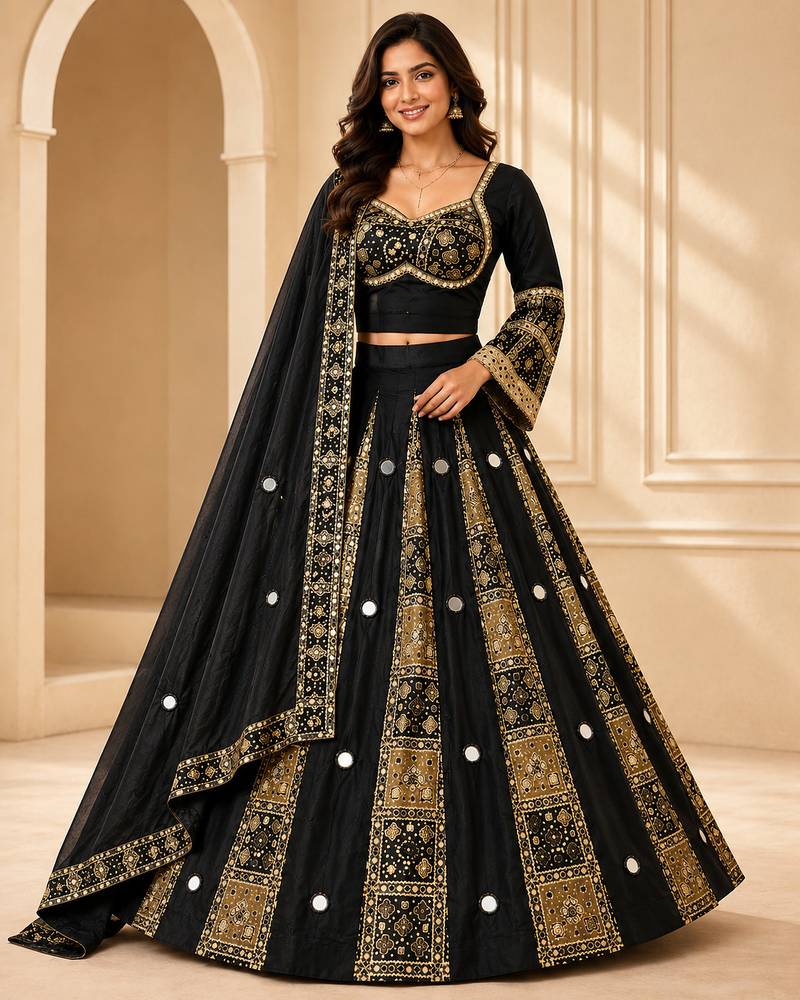 Black Navratri Rayon Mirror Work Chaniya Choli with Dupatta
