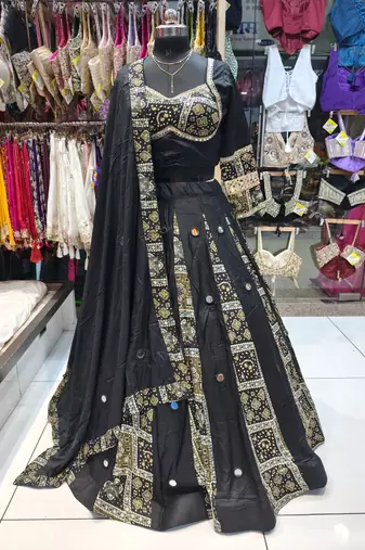 Black Navratri Rayon Mirror Work Chaniya Choli with Dupatta