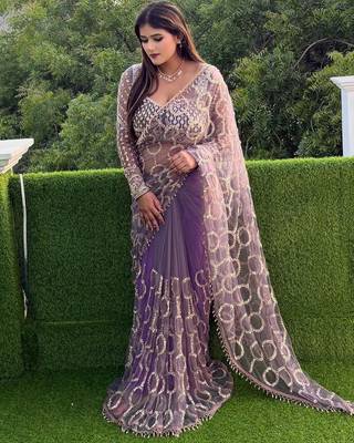 Lavender butterfly net embroidered saree with unstitched blouse 1