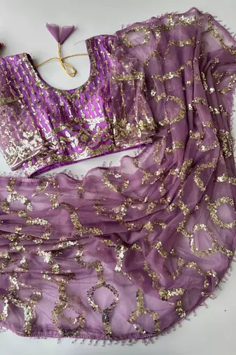 Lavender butterfly net embroidered saree with unstitched blouse