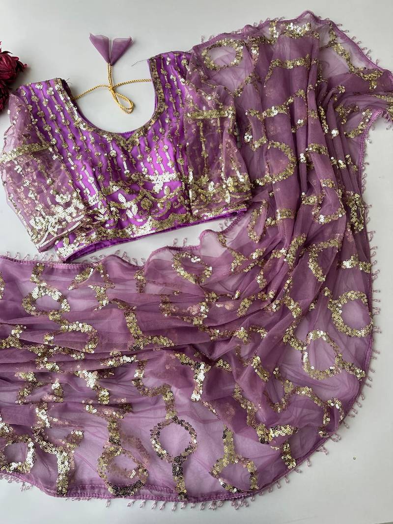 Lavender butterfly net embroidered saree with unstitched blouse