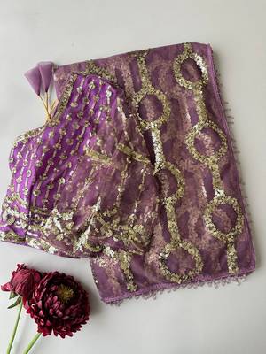 Lavender butterfly net embroidered saree with unstitched blouse 4