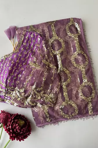 Lavender butterfly net embroidered saree with unstitched blouse