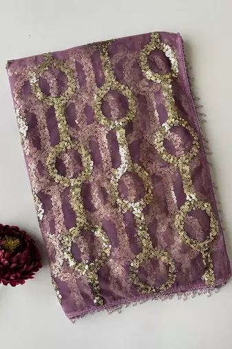Lavender butterfly net embroidered saree with unstitched blouse