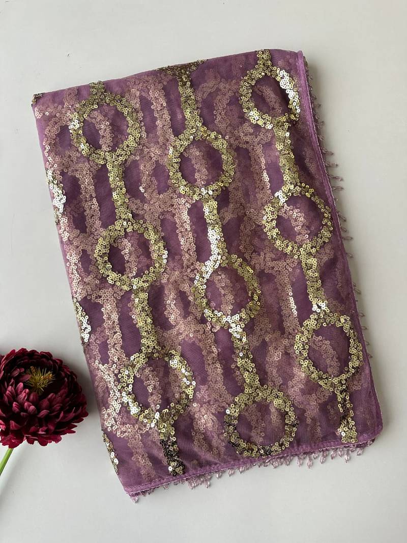 Lavender butterfly net embroidered saree with unstitched blouse