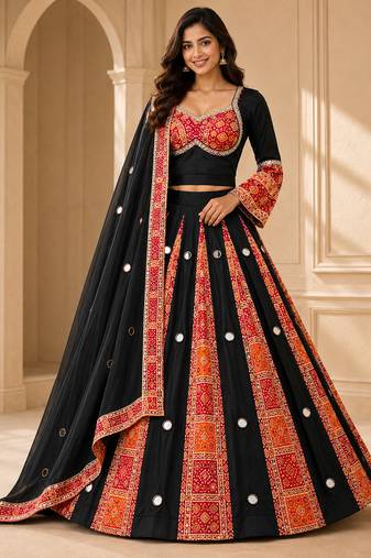 Red Navratri Rayon Mirror Work Chaniya Choli with Dupatta