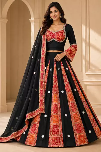 Red Navratri Rayon Mirror Work Chaniya Choli with Dupatta