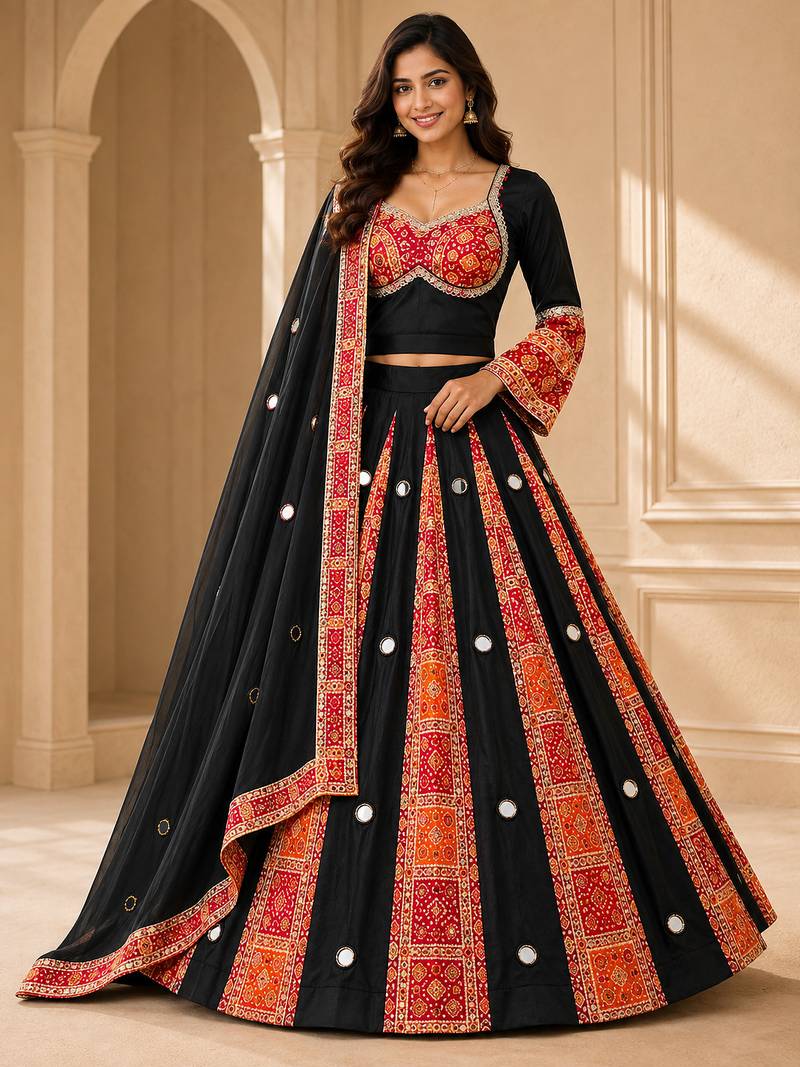 Red Navratri Rayon Mirror Work Chaniya Choli with Dupatta
