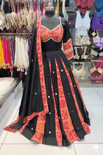 Red Navratri Rayon Mirror Work Chaniya Choli with Dupatta
