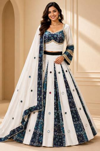Navy Blue Navratri Rayon Mirror Work Chaniya Choli with Dupatta