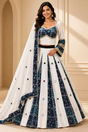 Navy Blue Navratri Rayon Mirror Work Chaniya Choli with Dupatta