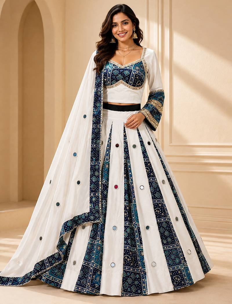 Navy Blue Navratri Rayon Mirror Work Chaniya Choli with Dupatta