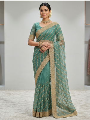 designer zari cundan work party wear saree 1