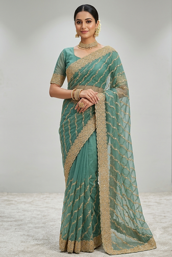 new designer zari cundan work party wear saree