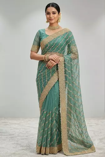 new designer zari cundan work party wear saree