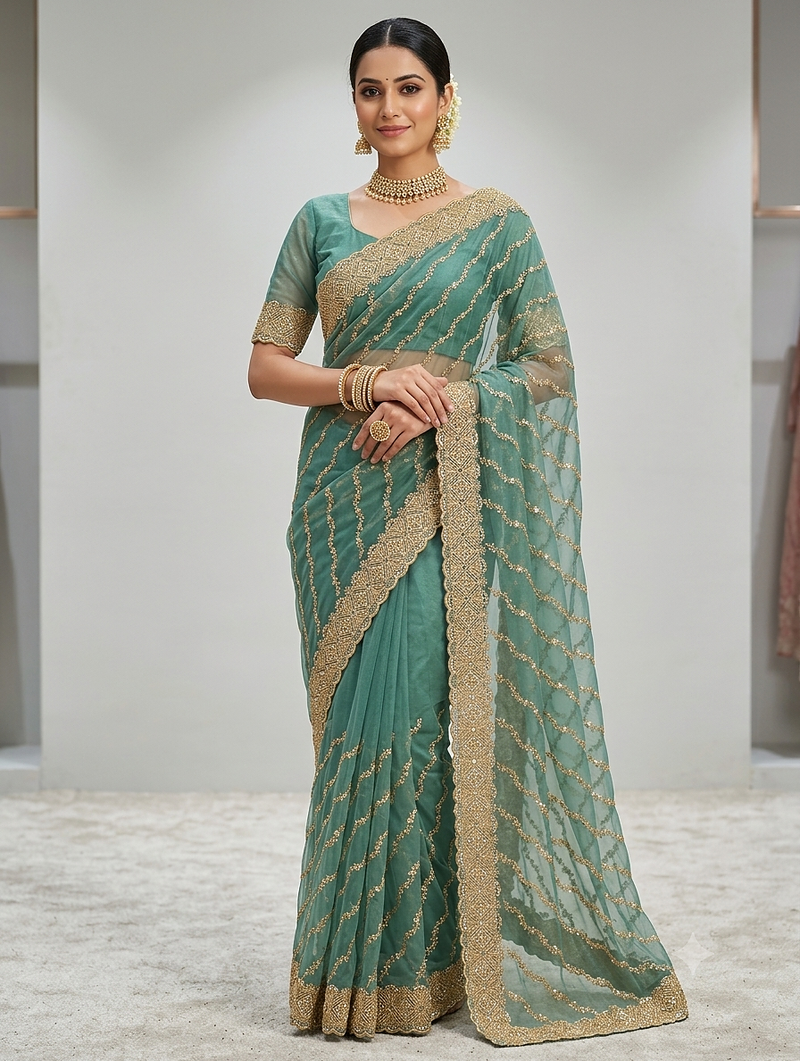 designer zari cundan work party wear saree
