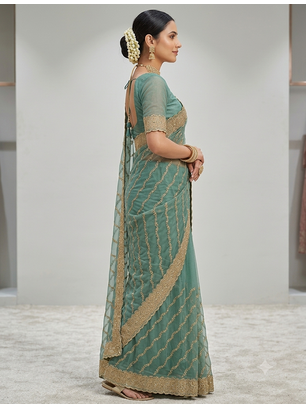 designer zari cundan work party wear saree 2