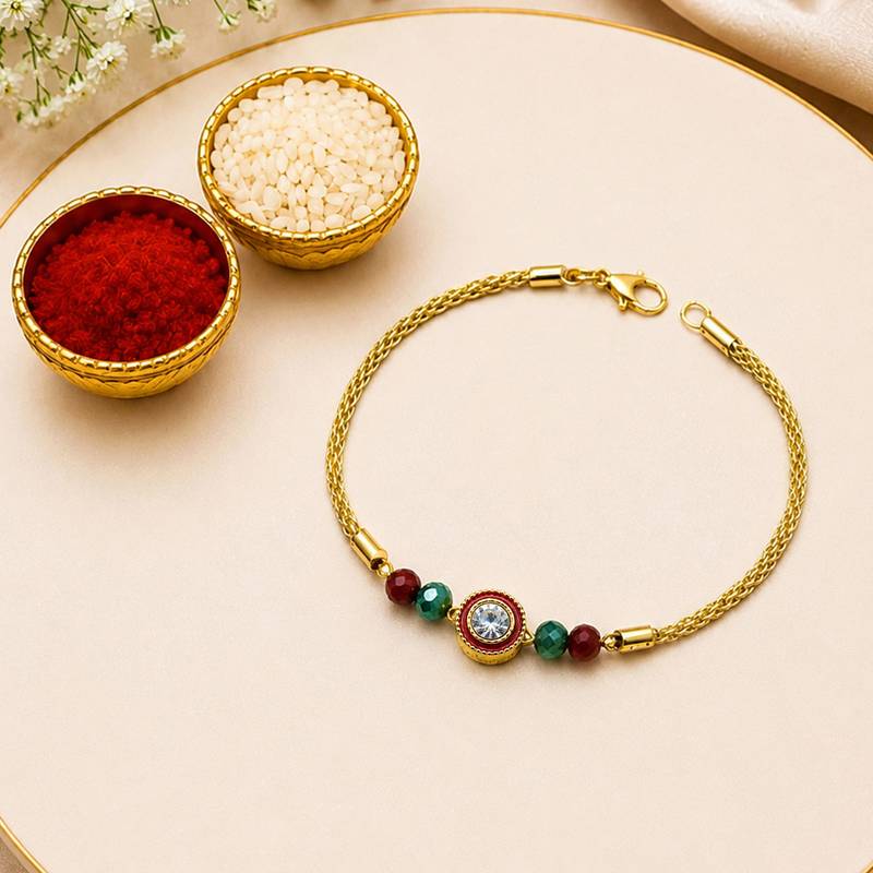 Luxury crystal rakhi with red & green beads for raksha bandhan