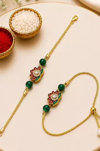 Lotus designer bhaiya bhabhi rakhi set with green beads