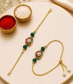 Lotus designer bhaiya bhabhi rakhi set with green beads