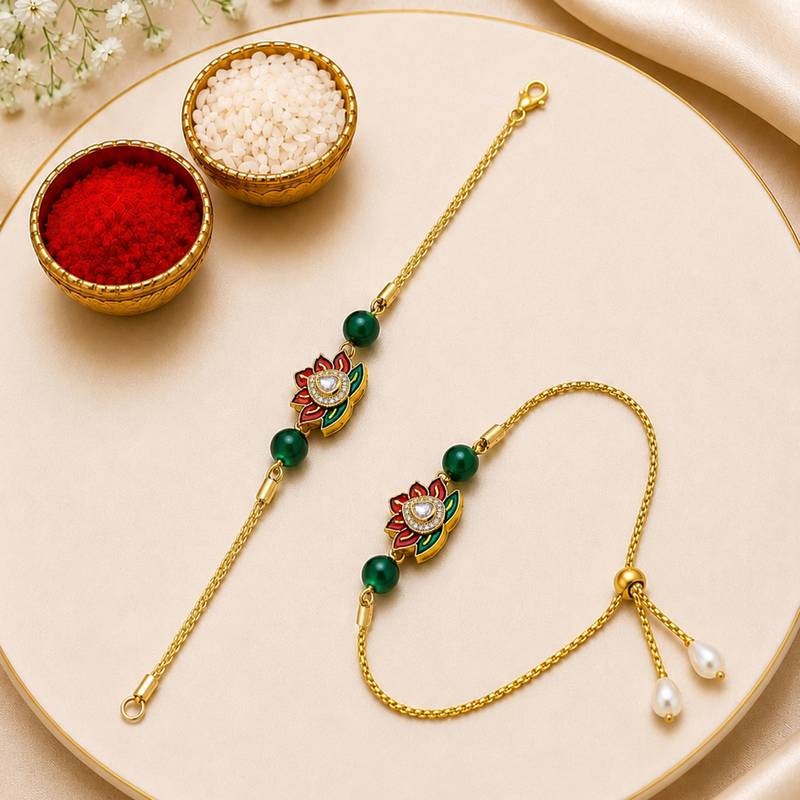 Lotus designer bhaiya bhabhi rakhi set with green beads