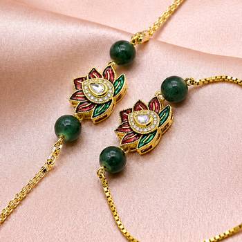 Lotus designer bhaiya bhabhi rakhi set with green beads 3