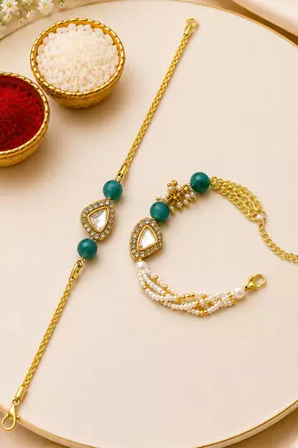 Gold-plated teardrop kundan bhaiya bhabhi rakhi set