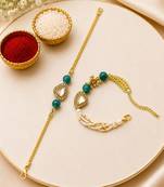 Gold-plated teardrop kundan bhaiya bhabhi rakhi set