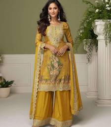 Yellow embroidered chinon free size stitched palazzo style salwar suit