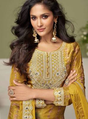 Yellow embroidered chinon free size stitched palazzo style salwar suit 2