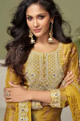 Yellow embroidered chinon free size stitched palazzo style salwar suit