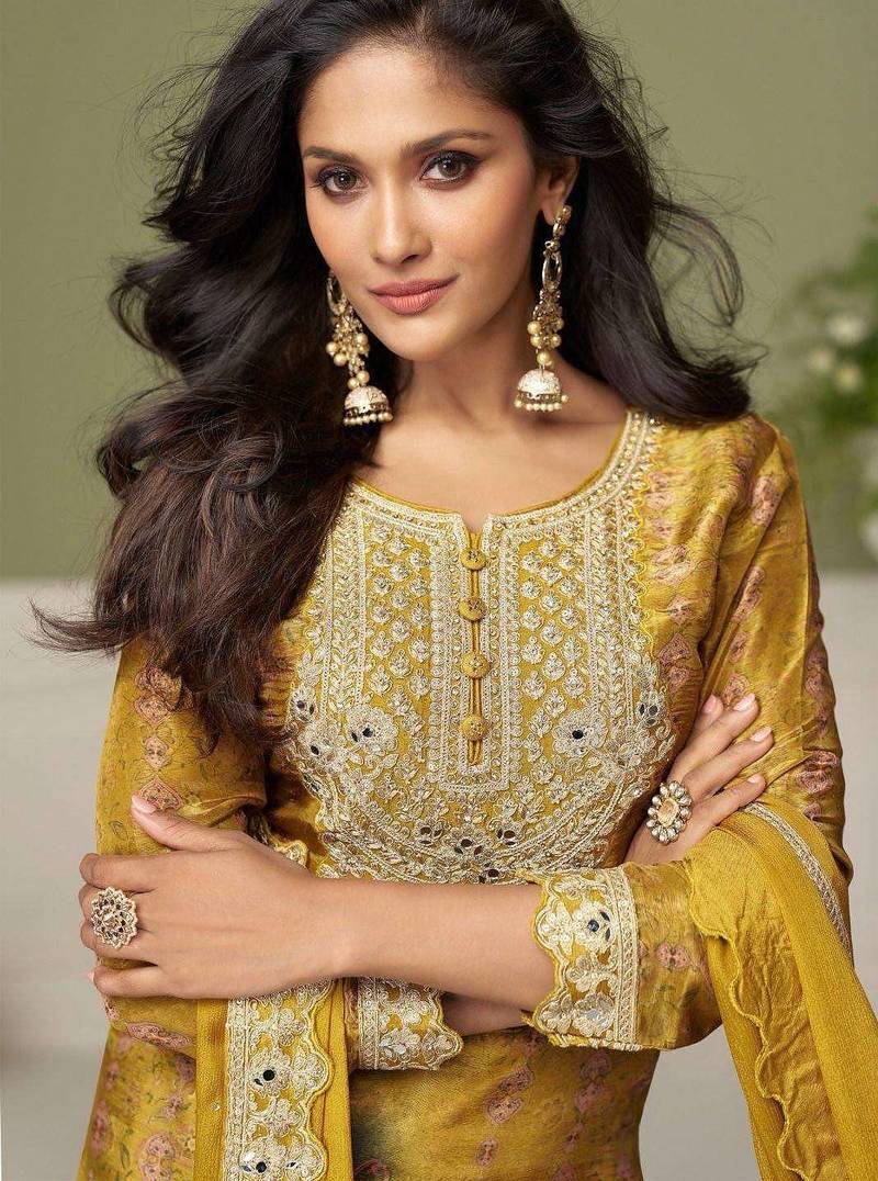 Yellow embroidered chinon free size stitched palazzo style salwar suit