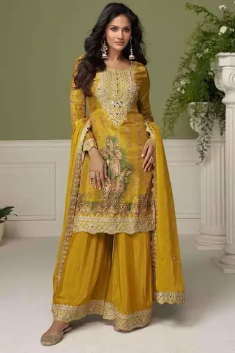 Yellow embroidered chinon free size stitched palazzo style salwar suit