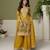Yellow embroidered chinon free size stitched palazzo style salwar suit
