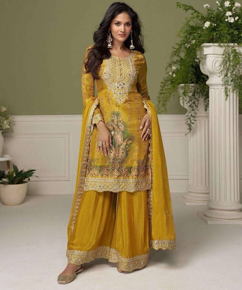Yellow embroidered chinon free size stitched palazzo style salwar suit