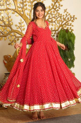 Red bandhej print faux georgette anarkali gown set with dupatta