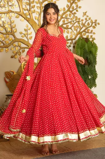 Red bandhej print faux georgette anarkali gown set with dupatta