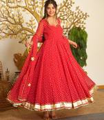 Red bandhej print faux georgette anarkali gown set with dupatta