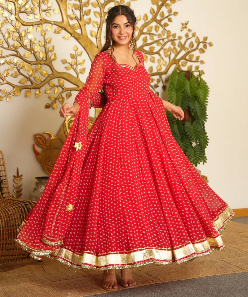 Red bandhej print faux georgette anarkali gown set with dupatta