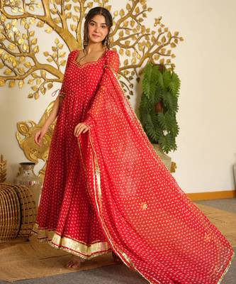 Red bandhej print faux georgette anarkali gown set with dupatta 2